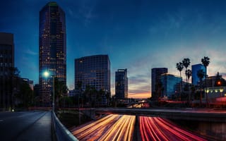 Картинка дорога, огни, ночь, вечер, выдержка, Los Angeles, США, Калифорния