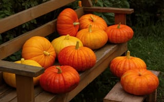 Картинка осень, скамейка, природа, плоды, овощи, тыква