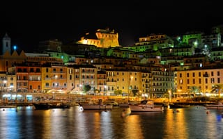Картинка огни, ночь, освещение, Порто Санто Стефано, Италия, лодки, гавань