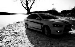 Картинка Mitsubishi, Lancer X10, Снег, черно-белая, Следы, Дерево