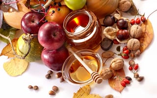 Обои овощи, пиала, груши, яблоки, мед, каштаны, орехи, шиповник, ложка, еда, осень, фрукты, листья, баночка