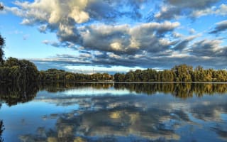 Картинка осень, небо, облака, пейзаж, отражение, деревья, река