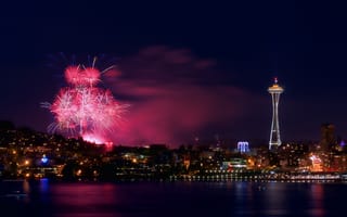 Картинка огни, панорамма, ночь, Seattle, July 4, город, феерверк