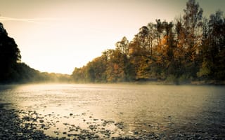 Картинка туман, река, осень, лес, утро
