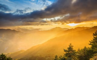 Картинка лес, горы, рассвет, дымка, Taroko National Park