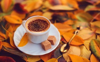 Обои чашка, осень, кубики, листья, желтые, кофе, сахар, ложка, шоколад, блюдце, пена