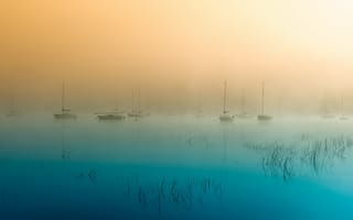 Обои туман, озеро, лодки, пейзаж, утро