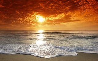 Картинка пляж, небо, прилив, вода, природа, облака, закат, солнце, пейзаж, берег, океан, горизонт, волны, море