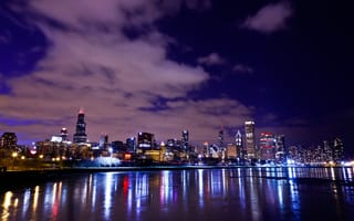 Картинка Чикаго, небоскрёбы, озеро Мичиган, США, набережная, ночь, штат Иллинойс, огни