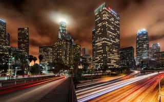Картинка огни, дороги, ночь, дома, город, небоскребы, Los-Angeles