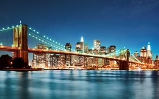 Обои бруклинский мост, new york, город, нью-йорк, brooklyn bridge, мост, ночь, огни