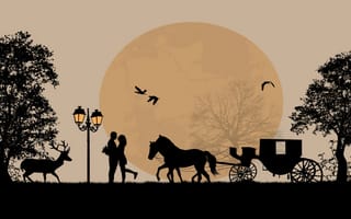 Картинка cart, романтика, телега, любовь, horse, deer, лошадь, птицы, пара, олени, деревья, полная луна, trees, love, birds, couple, romance, full moon