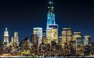 Картинка lights, USA, Manhattan, evening, New York, New York city NYC, skyscrapers, Freedom Tower, skyline, under construction