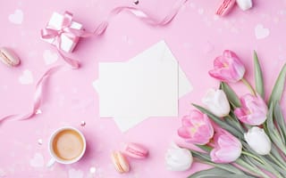 Картинка цветы, подарок, pink, flowers, 8 марта, тюльпаны, розовый, happy