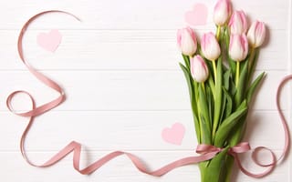 Картинка цветы, букет, лента, wood, pink, розовые, тюльпаны, flowers