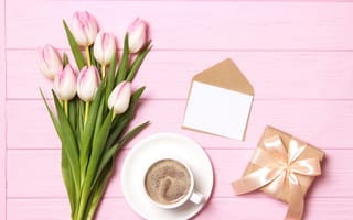 Картинка цветы, подарок, розовые, букет, flowers, тюльпаны, wood, pink