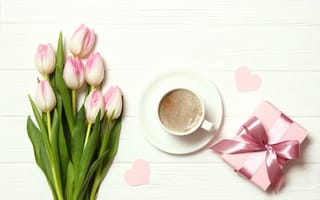 Картинка цветы, подарок, тюльпаны, pink, букет, flowers, розовые, wood