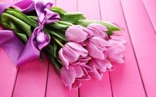Картинка цветы, букет, лента, flowers, тюльпаны, pink, розовые, wood