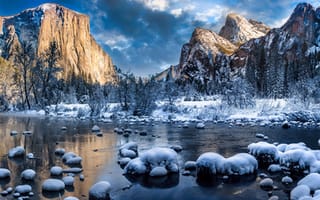 Картинка forest, river, rocks, winter, trees, landscape, California, nature