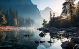 Картинка forest, river, mountains, water, trees, rocks, art, reflection