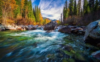 Картинка осень, лес, камни, деревья, Хакасия, Александр Никитин, Россия, река