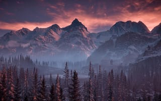 Картинка sky, trees, nature, pc games, games, mountains, horizon zero dawn, xbox games