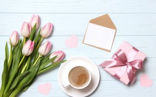 Картинка цветы, подарок, тюльпаны, букет, wood, розовые, flowers, pink