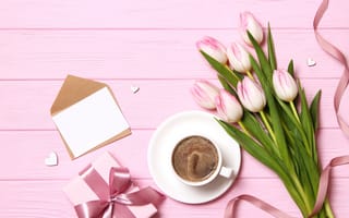 Картинка цветы, подарок, pink, тюльпаны, розовые, flowers, букет, wood