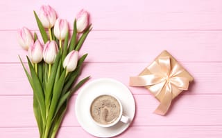 Картинка цветы, подарок, букет, розовые, wood, тюльпаны, flowers, pink