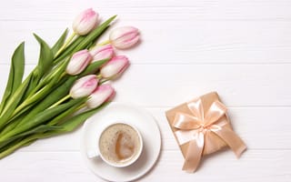 Картинка цветы, подарок, тюльпаны, wood, розовые, flowers, букет, pink
