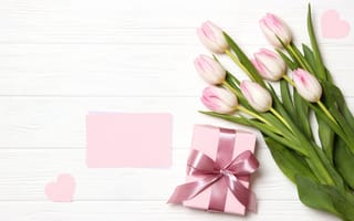 Картинка цветы, подарок, розовые, букет, тюльпаны, pink, wood, flowers