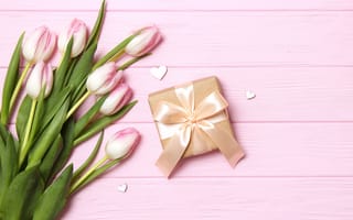 Картинка цветы, подарок, розовые, pink, тюльпаны, flowers, букет, wood