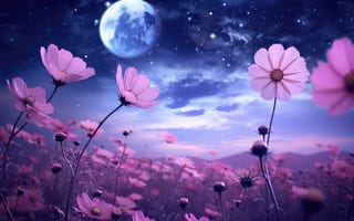 Картинка цветы, ночь, dark, pink, moon, flowers, весна, night
