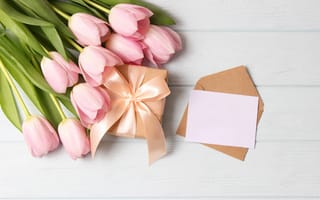 Картинка цветы, подарок, wood, pink, розовые, тюльпаны, flowers, букет