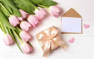 Картинка цветы, подарок, wood, pink, тюльпаны, flowers, букет, розовые