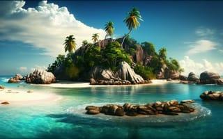 Картинка picture, Island, AI Art, Sea, Palm Trees, Illustrations