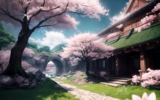 Картинка cherry blossom, Asian architecture, AI art