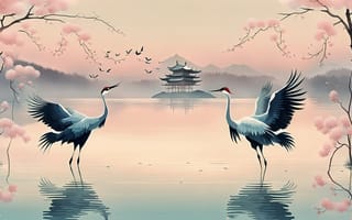 Картинка Japan, pink, AI art, soft shading, artwork, digital art, water, cherry trees