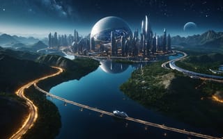 Картинка city, space, water, galaxy, planet, stars, lake, river