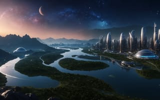 Картинка city, space, planet, river, galaxy, lake, stars, reflection