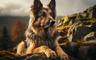 Картинка Собака, Взгляд, Немецкая овчарка, Камни, ИИ-арт, Овчарка, Цифровое искусство, Морда