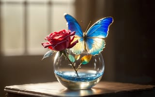 Картинка Rose, picture, Butterfly, Vase