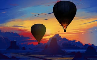 Картинка небо, облака, закат, вечер, арт, полет, горы, воздушный шар
