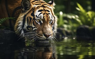 Картинка Вода, Взгляд, Хищник, Большая кошка, Тигр, Джунгли, Цифровое искусство, Морда