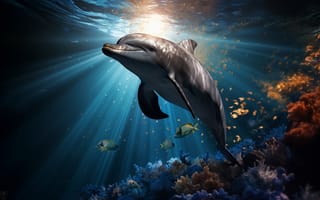 Картинка Рыбы, Дельфин, Подводный мир, ИИ-арт, Нейросеть, Искусство искусственного интеллекта, Лучи солнца, Цифровое искусство