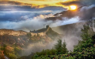 Картинка China, trees, great wall of China, landscape, mountains, fog