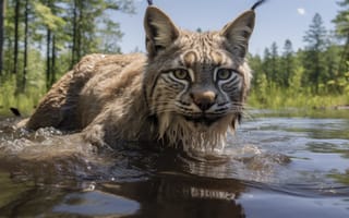 Картинка Вода, Взгляд, Цифровое искусство, Большая кошка, Морда, Хищник, Деревья, Рысь
