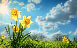 Картинка поле, цветы, нарциссы, flowers, blossom, цветение, sunshine, весна