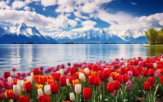 Картинка цветы, весна, red, colorful, sunshine, тюльпаны, landscape, nature