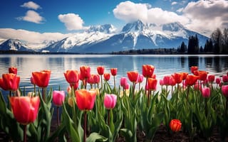 Картинка цветы, весна, тюльпаны, nature, colorful, red, sunshine, landscape
